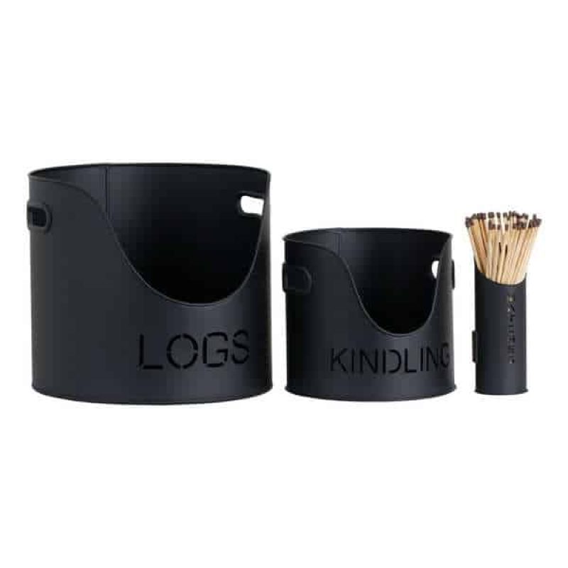 Black Finish Logs And Kindling Buckets And Matchstick Holder