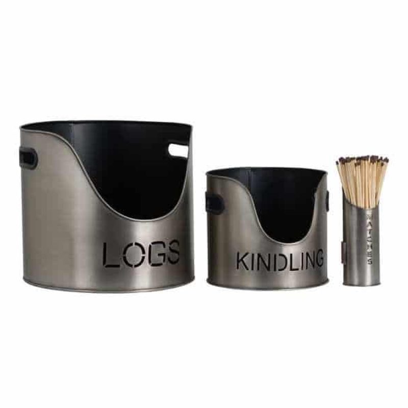 Pewter Finish Logs and Kindling Buckets And Matchstick Holder